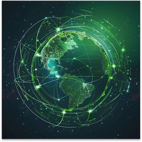 Digital globe with networked orbital connections representing connected public programs