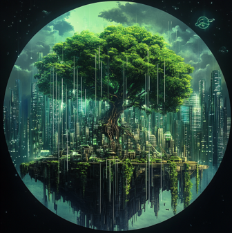 Illustration of a futuristic green city growing beneath a towering tree on a floating island
